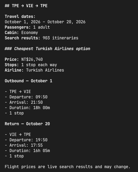 Flight search result returned through MCP